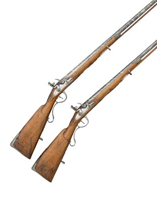 Lot 487 - A PAIR OF 28 BORE GERMAN FLINTLOCK SPORTING GUNS BY G. LICHTENFELS