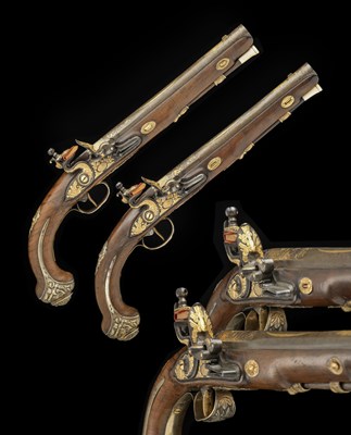 Lot 488 - A FINE PAIR OF FRENCH 16 BORE SILVER-GILT MOUNTED FLINTLOCK HOLSTER PISTOLS FOR PRESENTATION TO AN