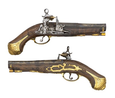 Lot 489 - A PAIR OF 32 BORE ROMAN-LOCK TRAVELLING PISTOLS