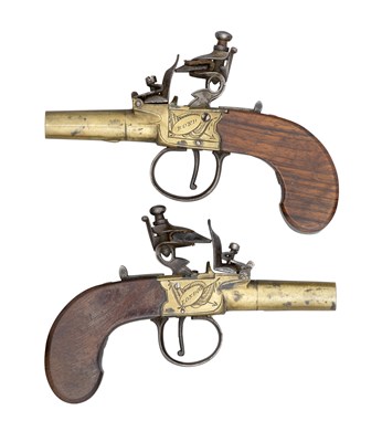 Lot 504 - A PAIR OF 140 BORE FLINTLOCK MUFF PISTOLS SIGNED BOND