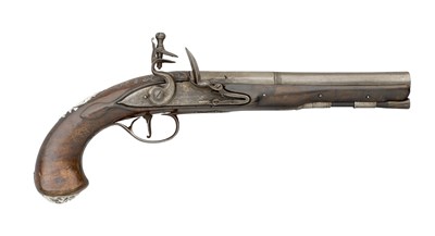 Lot 513 - A 15 BORE SILVER-MOUNTED FLINTLOCK HOLSTER PISTOL BY BARBER