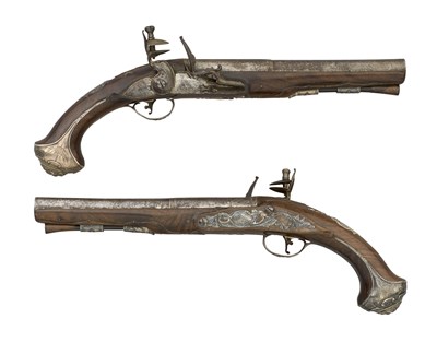 Lot 516 - A PAIR OF 14 BORE IRISH SILVER-MOUNTED FLINTLOCK HOLSTER PISTOLS BY MICHAEL RANSFORD