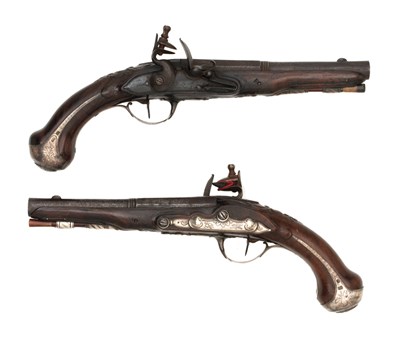 Lot 102 - A PAIR OF FRENCH SILVER-MOUNTED FLINTLOCK rifled PISTOLS BY BOURDIEC Ã€ BORDEAUX