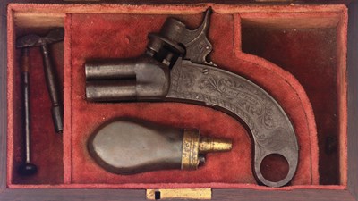 Lot 138 - a rare irish four-barrelled percussion box-lock pistol formed entirely of steel by w. & J.Rigby