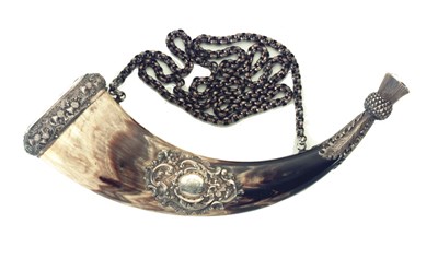 Lot 399 - a scottish cowhorn flask with silver-plated mounts