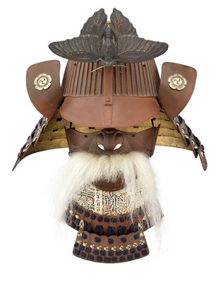 Lot 58 - A JAPANESE HELMET (KABUTO) AND FACE DEFENCE (MEMPO)