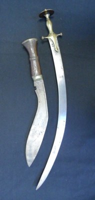 Lot 80 - AN INDIAN SWORD (TALWAR) FOR A BOY AND A KUKRI KNIFE