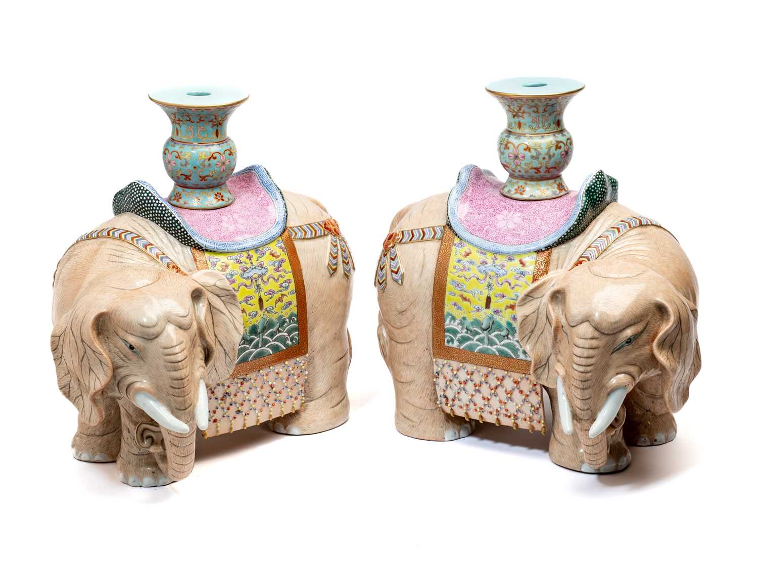 Lot 5 - A LARGE PAIR OF CHINESE FAMILLE-ROSE 'ELEPHANT AND VASE' CANDLE-HOLDERS, 20TH CENTURY