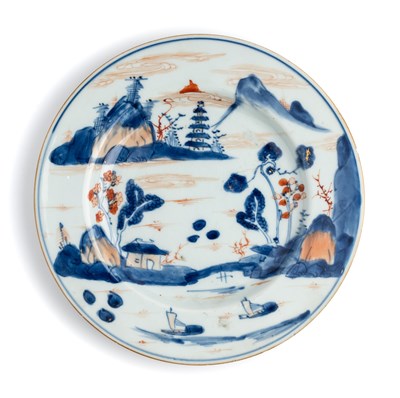 Lot 54 - A CHINESE UNDERGLAZE-BLUE AND IRON-RED 'LANDSCAPE' PLATE, QING DYNASTY, QIANLONG PERIOD (1736-95)