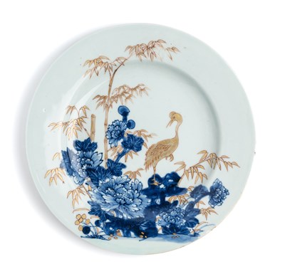 Lot 56 - A CHINESE BLUE AND GILT 'CRANE AND BAMBOO' PLATE, QING DYNASTY, YONGZHENG PERIOD (1723-35)