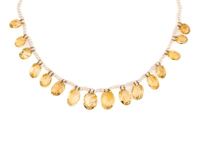 Lot 335 - CITRINE AND SEED PEARL FRINGE NECKLACE, 1900s