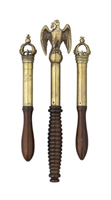 Lot 374 - THREE BRASS-MOUNTED TIPSTAVES