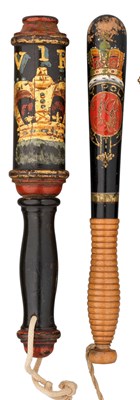 Lot 379 - A VICTORIAN PAINTED TIPSTAFF FOR THE CITY POLICE AND ANOTHER PAINTED TIPSTAFF