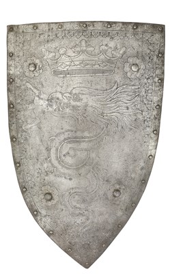 Lot 427 - A DECORATIVE IRON SHIELD IN 14TH CENTURY STYLE