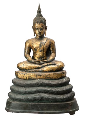 Lot 383 - A LARGE BRONZE FIGURE OF BUDDHA WITH MUCALINDA, THAILAND, 16TH/17TH CENTURY