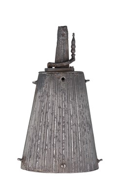 Lot 551 - AN ITALIAN POWDER-FLASK FORMED ENTIRELY OF IRON