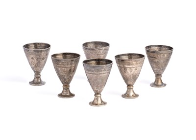 Lot 510 - A SET OF SIX OTTOMAN SILVER COFFEE-CUP HOLDERS (ZARFS), CIRCA 1900