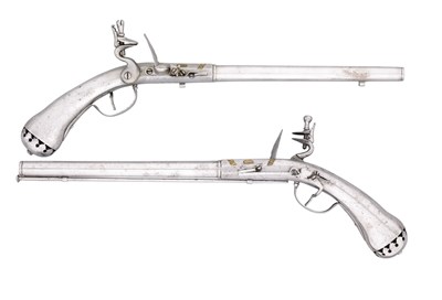 Lot 573 - A FINE PAIR OF 20 BORE NORTH GERMAN FLINTLOCK HOLSTER PISTOLS FORMED ENTIRELY OF STEEL