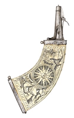 Lot 590 - A GERMAN ENGRAVED COWHORN POWDER-FLASK