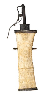 Lot 592 - A FRENCH CARVED BONE POWDER-FLASK