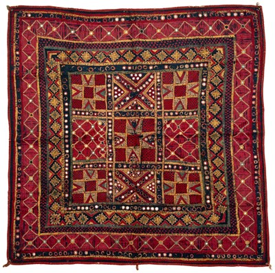 Lot 727 - A FLOSS SILK EMBROIDERED RUMAL, PUNJAB OR SINDH, EARLY 20TH CENTURY