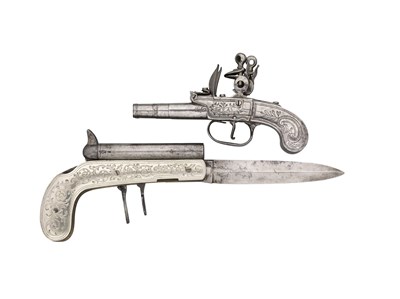 Lot 598 - A 140 BORE BELGIAN D.B. FLINTLOCK POCKET PISTOL FORMED ENTIRELY OF STEEL