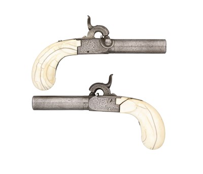 Lot 603 - ËœA PAIR OF 40 BORE BELGIAN PERCUSSION POCKET PISTOLS SIGNED LE PAGE A PARIS