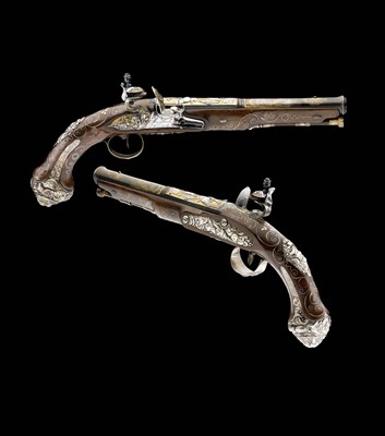 Lot 610 - A PAIR OF FRENCH 16 BORE SILVER-MOUNTED FLINTLOCK PISTOLS FOR PRESENTATION TO AN EASTERN POTENTATE S