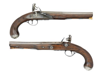Lot 611 - A PAIR OF 18 BORE ENGLISH FLINTLOCK HOLSTER PISTOLS BY OAKES