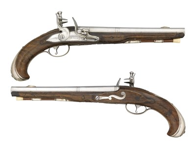 Lot 613 - ËœA PAIR OF 22 BORE LIÃˆGOIS SILVER-MOUNTED FLINTLOCK HOLSTER PISTOLS BY N. I. BOSSET A LIÃˆGE
