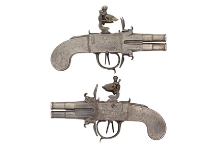 Lot 614 - A PAIR OF FRENCH 100 BORE FOUR BARRELLED TURN-OVER TRAVELLING PISTOLS FORMED ENTIRELY OF STEEL BY GR