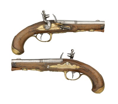 Lot 615 - A PAIR OF 25 BORE LIÃˆGOIS FLINTLOCK OFFICER'S PISTOLS SIGNED L. LIBERT A LIÃˆGE
