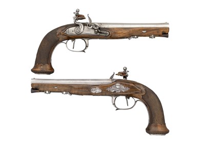 Lot 616 - A PAIR OF 40 BORE FRENCH FLINTLOCK RIFLED OFFICER'S PISTOLS