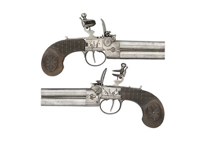 Lot 617 - A PAIR OF 54 BORE CONTINENTAL OVER-AND-UNDER FLINTLOCK TAP-ACTION PISTOLS