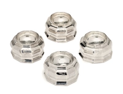 Lot 137 - A SET OF FOUR GEORGE I SILVER TRENCHER SALTS, EBENEZER ROE, LONDON, 1714/15