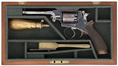 Lot 654 - A CASED 120 BORE BEAUMONT-ADAMS FIVE-SHOT DOUBLE ACTION PERCUSSION REVOLVER BY ROBERT ADAMS
