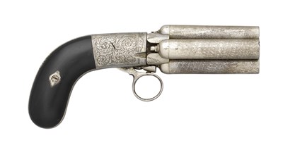 Lot 660 - A 40 BORE BELGIAN MARIETTE PATENT FOUR-SHOT UNDER-HAMMER PERCUSSION PEPPERBOX REVOLVER