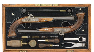 Lot 682 - A CASED PAIR OF 80 BORE GERMAN PERCUSSION RIFLED TARGET PISTOLS BY SCHNEEVOIGT IN LAHR
