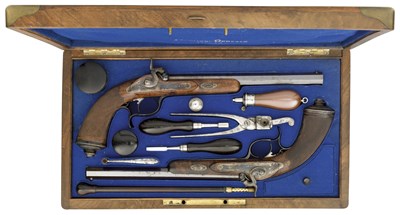 Lot 683 - A CASED PAIR OF 50 BORE FRENCH BREECH-LOADING PERCUSSION RIFLED TARGET PISTOLS BY GASTINNE-RENETTE