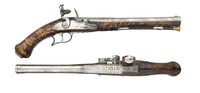 Lot 685 - ËœA PAIR OF 15 BORE SPANISH FLINTLOCK HOLSTER PISTOLS