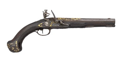 Lot 687 - A 22 BORE FRENCH FLINTLOCK HOLSTER PISTOL BY CHASTEAU A PARIS
