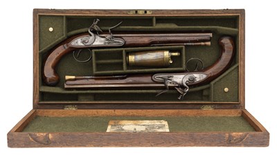 Lot 699 - A CASED PAIR OF 22 BORE FLINTLOCK DUELLING PISTOLS