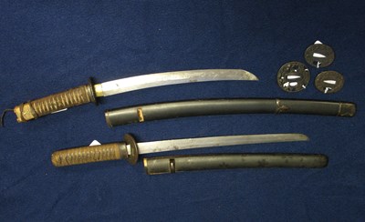 Lot 5 - TWO JAPANESE SHORTSWORDS (WAKIZASHI) AND THREE TSUBA