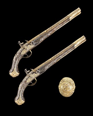 Lot 150 - A VERY FINE PAIR OF 22 BORE OTTOMAN GOLD-ENCRUSTED AND SILVER-GILT MOUNTED FLINTLOCK KUBUR (HOLSTER)