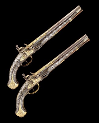 Lot 151 - **A FINE PAIR OF 20 BORE OTTOMAN GOLD-ENCRUSTED AND GILT MOUNTED FLINTLOCK KUBUR (HOLSTER) PISTOLS