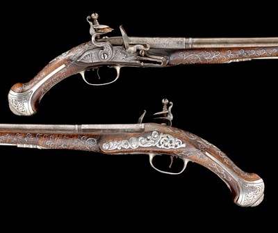 Lot 152 - **A PAIR OF 20 BORE OTTOMAN BALKAN SILVER-MOUNTED FLINTLOCK KUBUR (HOLSTER) PISTOLS