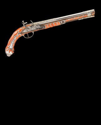 Lot 153 - A FINE 20 BORE ALGERIAN SILVER AND CORAL-MOUNTED FLINTLOCK HOLSTER PISTOL