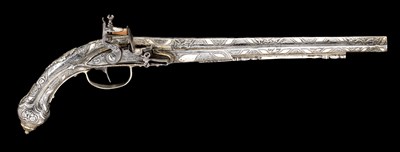 Lot 155 - **A 28 BORE CAUCASIAN SILVER-MOUNTED HOLSTER PISTOL