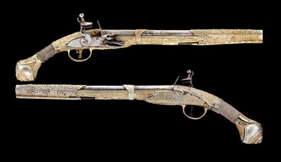 Lot 156 - **A FINE PAIR OF 20 BORE OTTOMAN BALKAN SILVER-GILT MOUNTED FLINTLOCK KUBUR (HOLSTER) PISTOLS