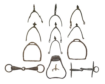 Lot 376 - FIVE PRICK-SPURS; THREE ROWEL-SPURS; THREE STIRRUPS; AND TWO SNAFFLE-BITS